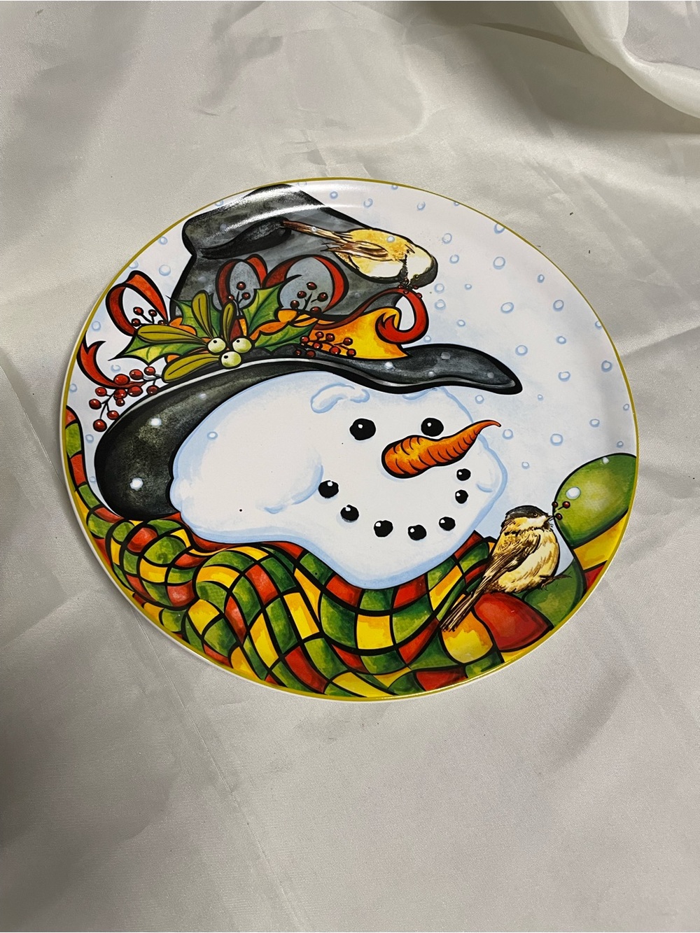 Festive Snowman Decorative Plate - Colorful Scarf & Bird